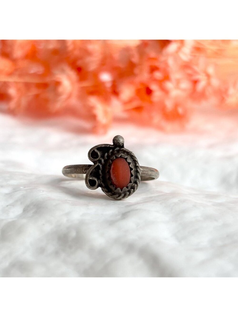 Coral Accented Navajo Inspired Southwest Sterling Silver 925 Vintage Ring - sz 5 - Picture 13 of 15